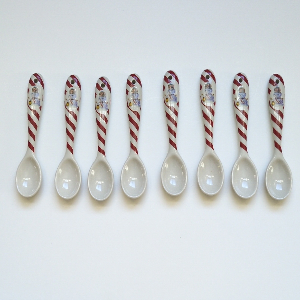 8 Williams Sonoma Ceramic Snowman Christmas Spoons - Red‎ Striped Holiday EUC